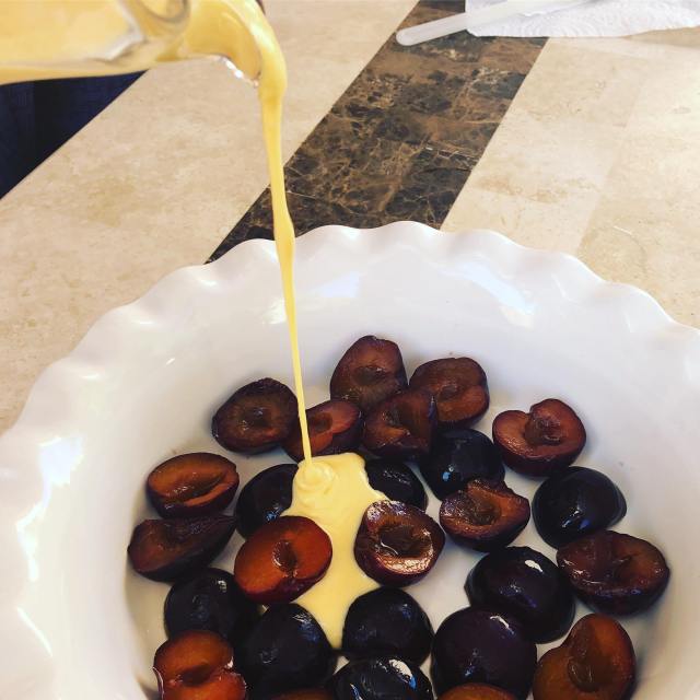 Clafoutis mixture pouring in jug, good